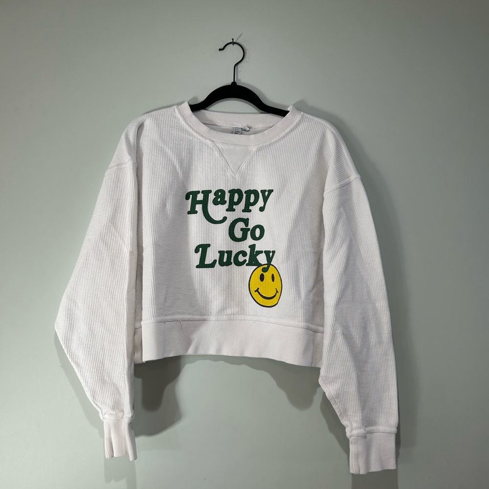 Chicka-d White Ribbed Cropped Sweatshirt